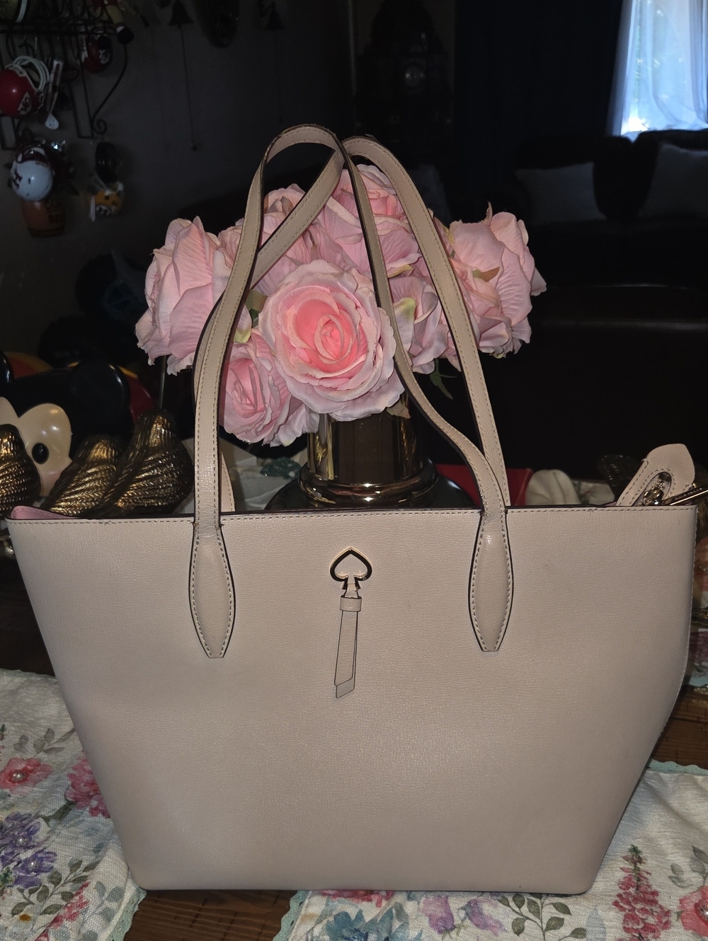 kate spade pale pink leather tote with spade charm
